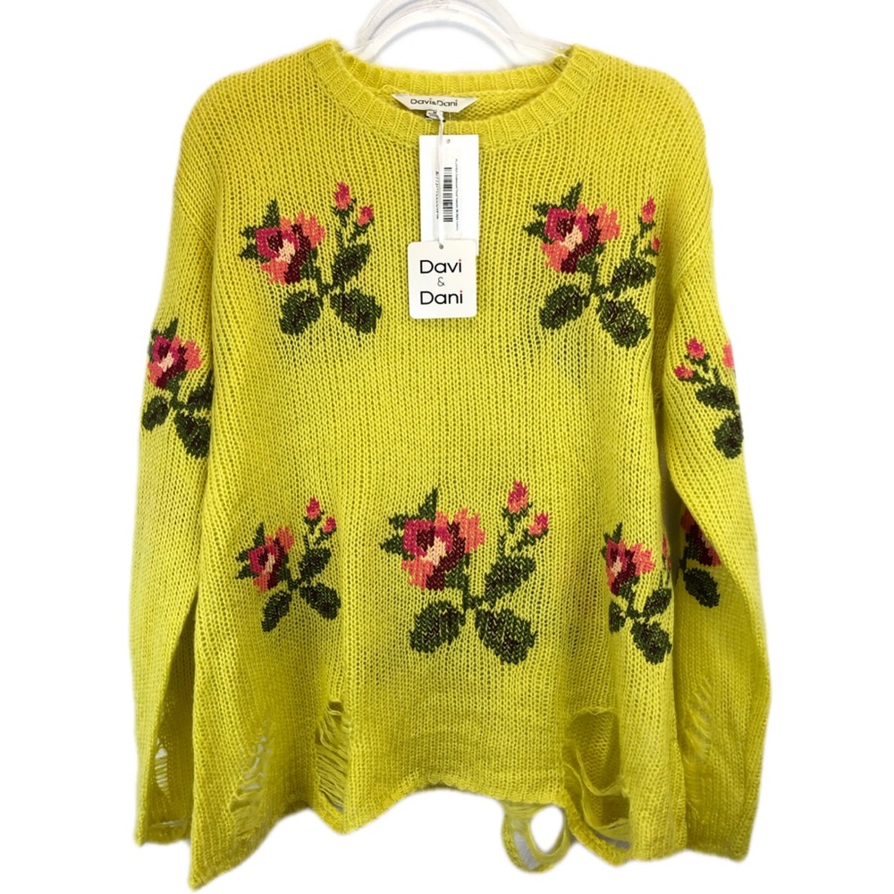 Davi&Dani Floral Knit Distressed Sweater